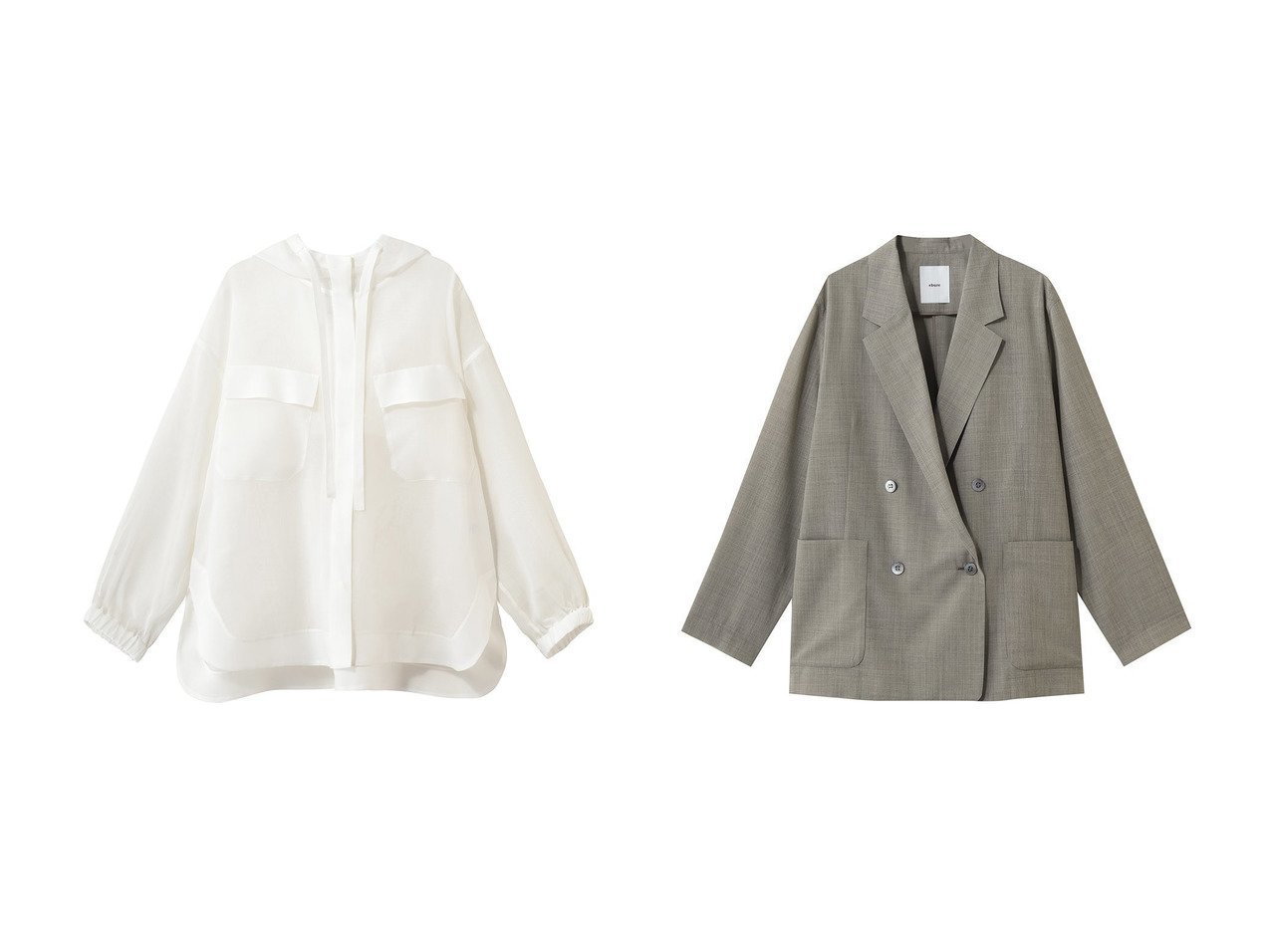 【ebure/エブール】のソフトオーガンジー フーデットブルゾン&ドライシアーウール アンコンジャケット おすすめ人気トレンドファッション通販アイテム インテリア・キッズ・メンズ・レディースファッション・服の通販 founy(ファニー) 　ファッション　Fashion　レディースファッション　Fashion for Women　アウター　Coat / Outerwear Collection　レディースジャケット・軽アウター　Jackets　ブルゾンジャケット・スポーティアウター　Blouson Jackets　おすすめ　Recommended / Our Picks　なめらか　Smooth, Silky Texture　オーガンジー　Organza Fabric　ジャケット　Jacket, Outerwear　ダブル　Double, Double-Breasted　フラップ　Flap, Flap Pocket　ブルゾン　Blouson, Bomber Jacket　ポケット　Pocket, Pocket Detail　新作・新入荷　New Arrivals / New In　ホワイト系　White　ブラック系　Black　ベージュ系　Beige　グレー系　Gray　|ID:crp329100000227677