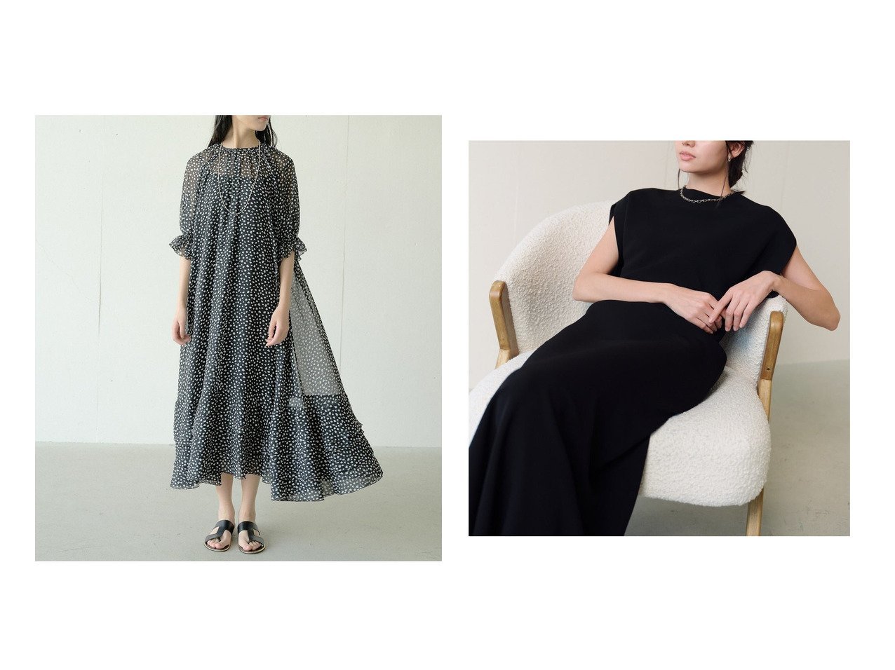 【DoCLASSE/ドゥクラッセ】のトリアセエアークロス・バイアスロングドレス&シフォンジョーゼット・プリントワンピース おすすめ人気トレンドファッション通販アイテム インテリア・キッズ・メンズ・レディースファッション・服の通販 founy(ファニー) 　ファッション　Fashion　レディースファッション　Fashion for Women　ワンピース　Dresses　フォーマル・パーティードレス・結婚式用ドレス　Elegant & Casual Dresses　新作・新入荷　New Arrivals / New In　カッティング　Cutting Detail　シフォン　Chiffon, Lightweight Fabric　ジョーゼット　Georgette, Semi-Sheer Fabric　スタイリッシュ　Stylish, Fashionable　ドット　Polka Dot, Dot Pattern　ドレープ　Drape, Draping Fabric　プリント　Print, Printed Pattern　モノトーン　Monotone, Black and White　ランダム　Random, Irregular　リラックス　Relax, Relaxed Fit　エアリー　Airy Texture　スリーブ　Sleeve, Long Sleeve / Short Sleeve　ダブル　Double, Double-Breasted　トレンド　Trend, Trending Now　ドレス　Dress, One-Piece　バイアス　Bias, Diagonal Cut　フォルム　Silhouette, Form　フレンチ　French, French Style　プレーン　Plain, Simple　ロング　Long, Long-Length　ブラック系　Black　ホワイト系　White　|ID:crp329100000227682