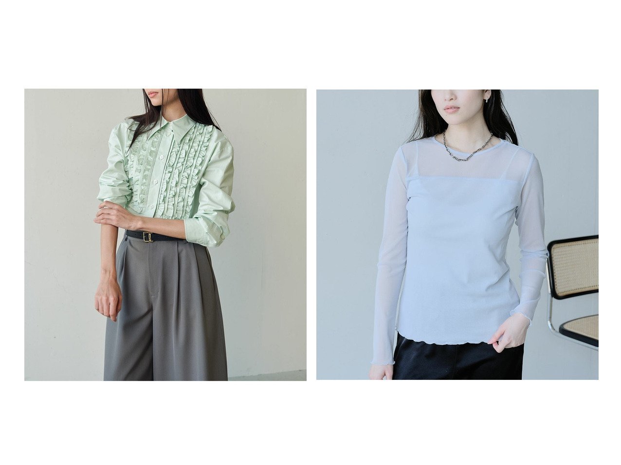 【DoCLASSE/ドゥクラッセ】のストレッチオーガンジー・クルーネックトップス&高密度タイプライター・フリルシャツ おすすめ人気トレンドファッション通販アイテム インテリア・キッズ・メンズ・レディースファッション・服の通販 founy(ファニー) 　ファッション　Fashion　レディースファッション　Fashion for Women　トップス・カットソー　Cut & Sew Tops　シャツ・ブラウス・オフィスカジュアル　Elegant Blouses & Button-Ups　カットソー・ベーシックTシャツ　Cut-and-Sewn Tops / Stretch Tees & Basics　新作・新入荷　New Arrivals / New In　オケージョン　Occasion Wear　オーガンジー　Organza Fabric　ジャケット　Jacket, Outerwear　タイプライター　Typewriter Fabric, Crisp Cotton　デニム　Denim, Jeans Material　フリル　Frill, Ruffle　エレガント 上品　Elegant　ホワイト系　White　グリーン系　Green　ブルー系　Blue　ブラック系　Black　|ID:crp329100000227683