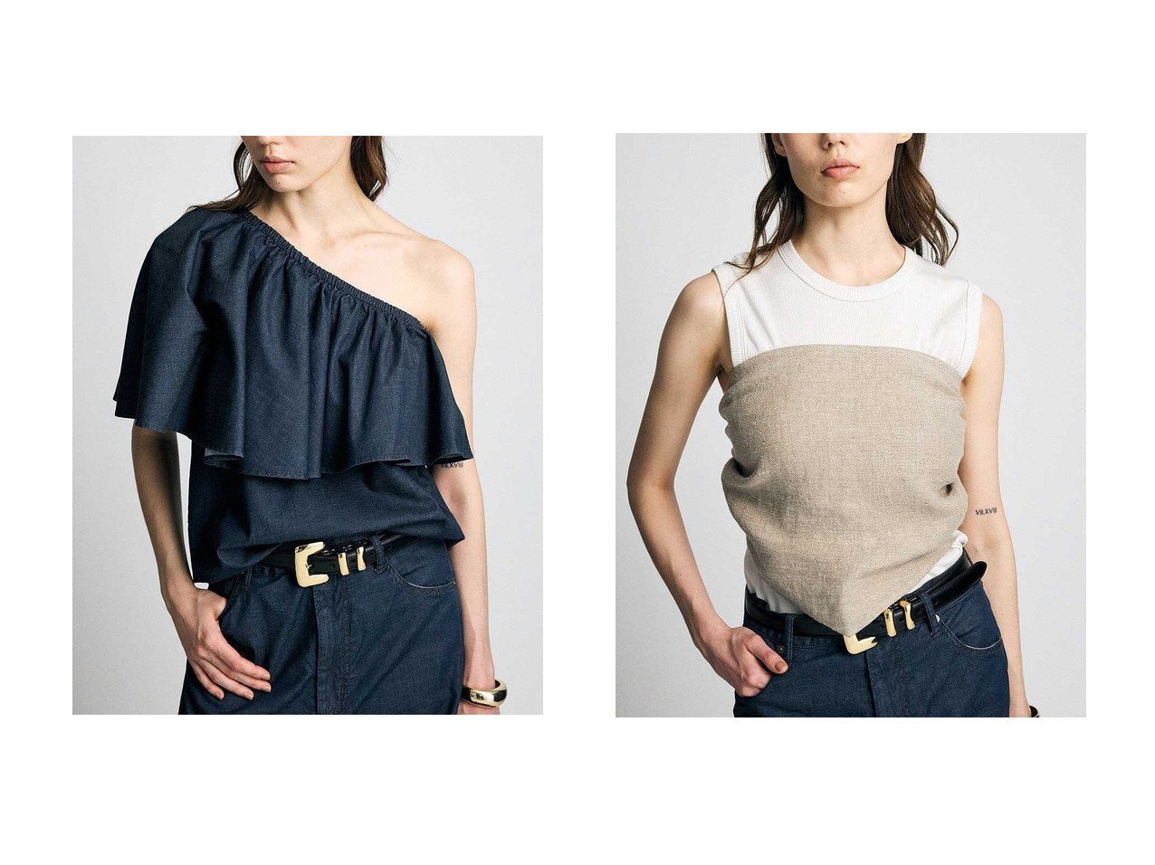 【デニムとリネンの素材感を楽しむワンショルダートップとベアトップの魅力】ブリル(BRILL)の通販 おすすめ人気トレンドファッション通販アイテム インテリア・キッズ・メンズ・レディースファッション・服の通販 founy(ファニー) 　ファッション　Fashion　レディースファッション　Fashion for Women　トップス・カットソー　Cut & Sew Tops　シャツ・ブラウス・オフィスカジュアル　Elegant Blouses & Button-Ups　カジュアルプルオーバー・ニットトップス　Pullovers & Knit Tops / Casual Pullovers　キャミソール&ノースリーブ　Camisoles & Sleeveless Tops　ギャザー　Gathered, Ruffled　ショルダー　Shoulder, Shoulder Strap　ショート　Short, Short Length　スリーブ　Sleeve, Long Sleeve / Short Sleeve　フレア　Flare, Flared　新作・新入荷　New Arrivals / New In　|ID:crp329100000227691