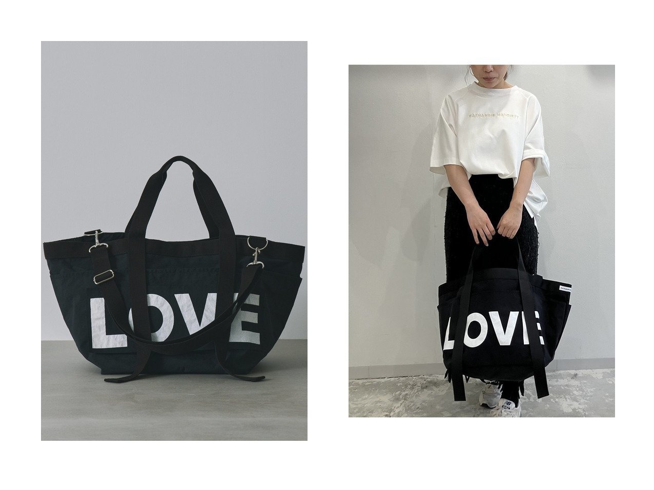 【軽量で大容量な存在感あるスローガントートバッグ】KATHARINE HAMNETT LONDON(キャサリンハムネット)の通販 おすすめ人気トレンドファッション通販アイテム インテリア・キッズ・メンズ・レディースファッション・服の通販 founy(ファニー) 　ファッション　Fashion　レディースファッション　Fashion for Women　バッグ　Bags　ユニセックス　Unisex, Genderless　人気　Popular, Best Seller　別注　Limited Edition, Custom Order　新作・新入荷　New Arrivals / New In　旅行　Travel　軽量　Lightweight, Ultra Light　ブラック系　Black　|ID:crp329100000227781