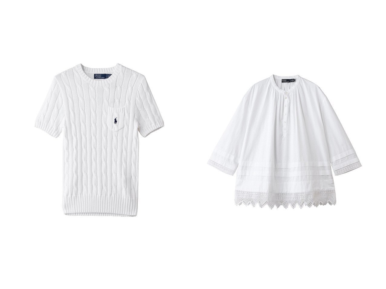 【軽やかに揺れるブラウスと上品なケーブルニットで楽しむ洗練された大人スタイル】RALPH LAUREN(ラルフローレン)の通販 おすすめ人気トレンドファッション通販アイテム インテリア・キッズ・メンズ・レディースファッション・服の通販 founy(ファニー) 　ファッション　Fashion　レディースファッション　Fashion for Women　トップス・カットソー　Cut & Sew Tops　ニット　Knit Tops & Sweaters　カジュアルプルオーバー・ニットトップス　Pullovers & Knit Tops / Casual Pullovers　シャツ・ブラウス・オフィスカジュアル　Elegant Blouses & Button-Ups　ショート　Short, Short Length　シンプル　Simple, Minimal　スリム　Slim, Slim Fit　スリーブ　Sleeve, Long Sleeve / Short Sleeve　セーター　Sweater, Knitwear　バランス　Balance, Style Balance　パッチ　Patch, Appliqué　フィット　Fit, Slim Fit　ポケット　Pocket, Pocket Detail　エレガント 上品　Elegant　半袖　Short Sleeve, Half Sleeve　新作・新入荷　New Arrivals / New In　ホワイト系　White　ブルー系　Blue　|ID:crp329100000227828
