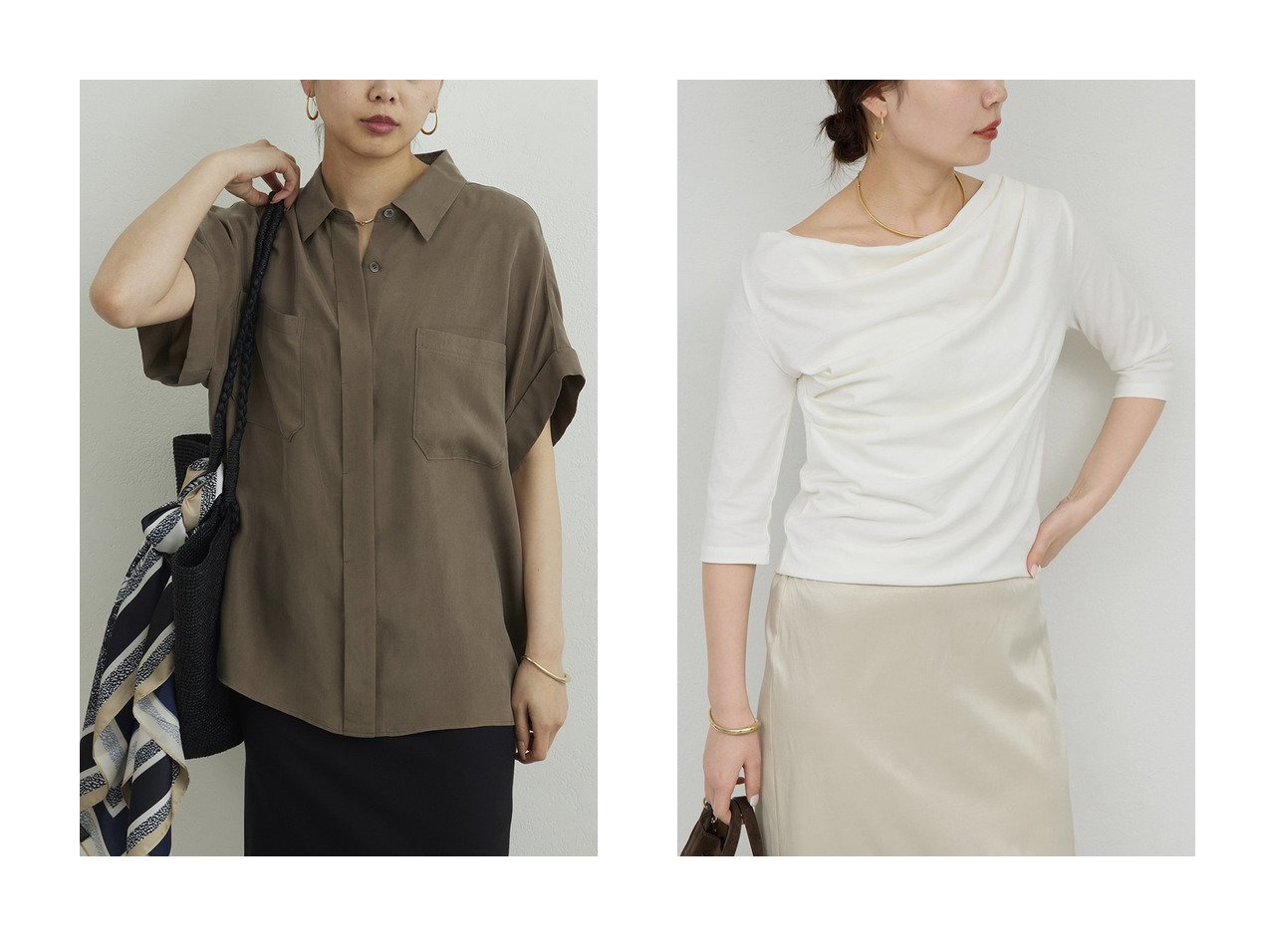 ドレープが映える2WAYカットソーと上品な落ち感のミリタリーハーフスリーブシャツで叶える洗練された日常スタイル GALLARDAGALANTE(ガリャルダガランテ)の通販 おすすめ人気トレンドファッション通販アイテム インテリア・キッズ・メンズ・レディースファッション・服の通販 founy(ファニー) 　ファッション　Fashion　レディースファッション　Fashion for Women　トップス・カットソー　Cut & Sew Tops　シャツ・ブラウス・オフィスカジュアル　Elegant Blouses & Button-Ups　ロングTシャツ・Tシャツ　Longline T-Shirts & Tees　カットソー・ベーシックTシャツ　Cut-and-Sewn Tops / Stretch Tees & Basics　おすすめ　Recommended / Our Picks　なめらか　Smooth, Silky Texture　ショート　Short, Short Length　スリーブ　Sleeve, Long Sleeve / Short Sleeve　セットアップ　Set-Up, Coordinated Outfit　フロント　Front, Front Design　ミリタリー　Military, Army Style　エレガント 上品　Elegant　新作・新入荷　New Arrivals / New In　ブラウン系　Brown　グレー系　Gray　ベージュ系　Beige　ブルー系　Blue　ホワイト系　White　ブラック系　Black　|ID:crp329100000227847