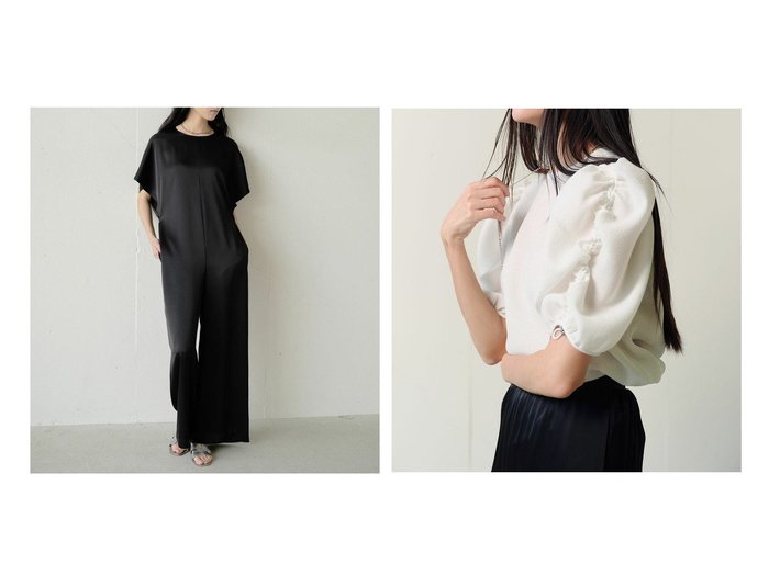 40代50代からの婦人【DoCLASSE/ドゥクラッセ】のダブルサテン・オールインワン&ジャカード織・袖シャーリングブラウス おすすめ人気トレンドファッション通販アイテム 人気、トレンドファッション・服の通販 founy(ファニー) ファッション Fashion レディースファッション Fashion for Women パンツ Pants & Trousers トップス・カットソー Cut & Sew Tops シャツ・ブラウス・オフィスカジュアル Elegant Blouses & Button-Ups 新作・新入荷 New Arrivals / New In オケージョン Occasion Wear サテン Satin, Glossy Fabric ダブル Double, Double-Breasted ドレス Dress, One-Piece ドレープ Drape, Draping Fabric エレガント 上品 Elegant なめらか Smooth, Silky Texture シャーリング Shirring, Ruched ジャカード／ジャガード Jacquard, Woven Pattern スリーブ Sleeve, Long Sleeve / Short Sleeve バルーン Balloon, Balloon Silhouette フォルム Silhouette, Form |ID:crp329100000227891