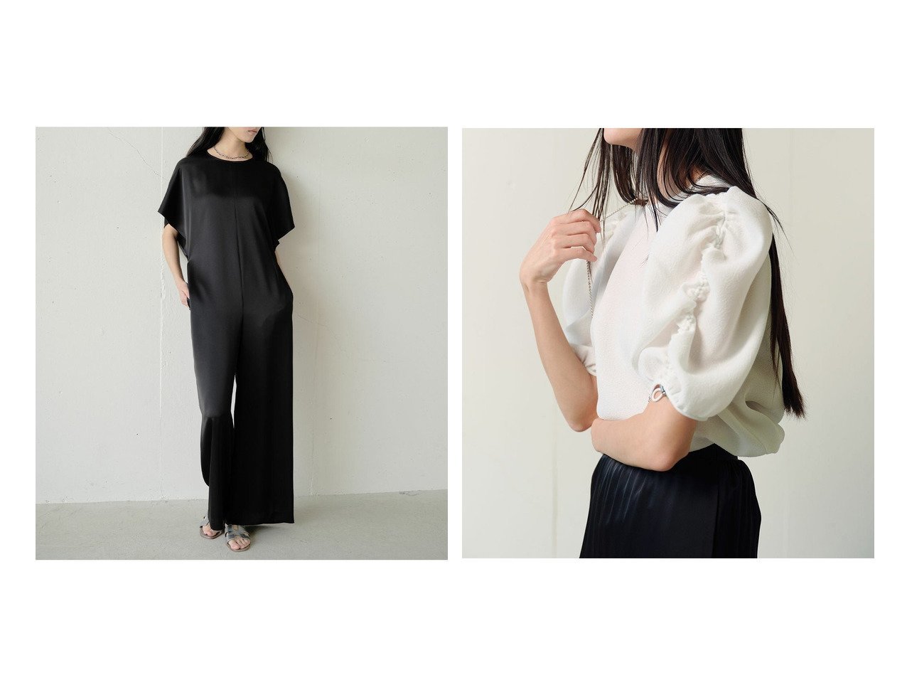 40代50代からの婦人【DoCLASSE/ドゥクラッセ】のダブルサテン・オールインワン&ジャカード織・袖シャーリングブラウス おすすめ人気トレンドファッション通販アイテム インテリア・キッズ・メンズ・レディースファッション・服の通販 founy(ファニー) 　ファッション　Fashion　レディースファッション　Fashion for Women　パンツ　Pants & Trousers　トップス・カットソー　Cut & Sew Tops　シャツ・ブラウス・オフィスカジュアル　Elegant Blouses & Button-Ups　新作・新入荷　New Arrivals / New In　オケージョン　Occasion Wear　サテン　Satin, Glossy Fabric　ダブル　Double, Double-Breasted　ドレス　Dress, One-Piece　ドレープ　Drape, Draping Fabric　エレガント 上品　Elegant　なめらか　Smooth, Silky Texture　シャーリング　Shirring, Ruched　ジャカード／ジャガード　Jacquard, Woven Pattern　スリーブ　Sleeve, Long Sleeve / Short Sleeve　バルーン　Balloon, Balloon Silhouette　フォルム　Silhouette, Form　ブラック系　Black　ホワイト系　White　グレー系　Gray　|ID:crp329100000227891