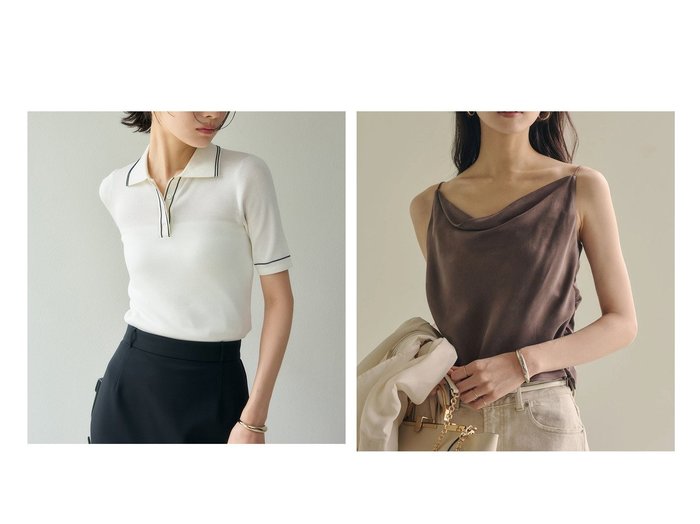 ドレープキャミとポロニットで叶える上品で快適な装いanuans(アニュアンス)の通販 おすすめ人気トレンドファッション通販アイテム 人気、トレンドファッション・服の通販 founy(ファニー) 　ファッション　Fashion　レディースファッション　Fashion for Women　トップス・カットソー　Cut & Sew Tops　キャミソール&ノースリーブ　Camisoles & Sleeveless Tops　ニット　Knit Tops & Sweaters　おすすめ　Recommended / Our Picks　インナー　Innerwear　キュプラ　Cupro, Eco Fabric　サテン　Satin, Glossy Fabric　ジャケット　Jacket, Outerwear　デコルテ　Décolleté, Neckline　ドレープ　Drape, Draping Fabric　エレガント 上品　Elegant　|ID:crp329100000227924