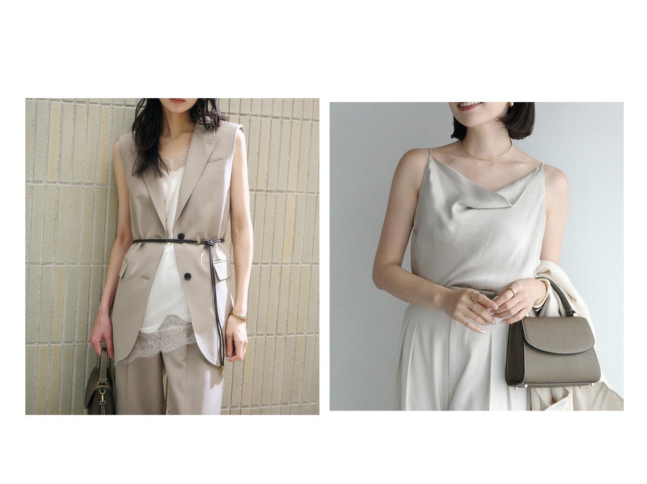 【anuans/アニュアンス】のデフォームラペルジレ&フィブリルサテンドレープキャミ おすすめ人気トレンドファッション通販アイテム インテリア・キッズ・メンズ・レディースファッション・服の通販 founy(ファニー) 　ファッション　Fashion　レディースファッション　Fashion for Women　アウター　Coat / Outerwear Collection　トップス・カットソー　Cut & Sew Tops　ベスト&ジレ / 重ね着スタイル　Vests & Gilets　キャミソール&ノースリーブ　Camisoles & Sleeveless Tops　ドレープ　Drape, Draping Fabric　フォルム　Silhouette, Form　ベスト　Vest, Waistcoat　おすすめ　Recommended / Our Picks　インナー　Innerwear　キュプラ　Cupro, Eco Fabric　サテン　Satin, Glossy Fabric　ジャケット　Jacket, Outerwear　デコルテ　Décolleté, Neckline　エレガント 上品　Elegant　ベージュ系　Beige　|ID:crp329100000227925