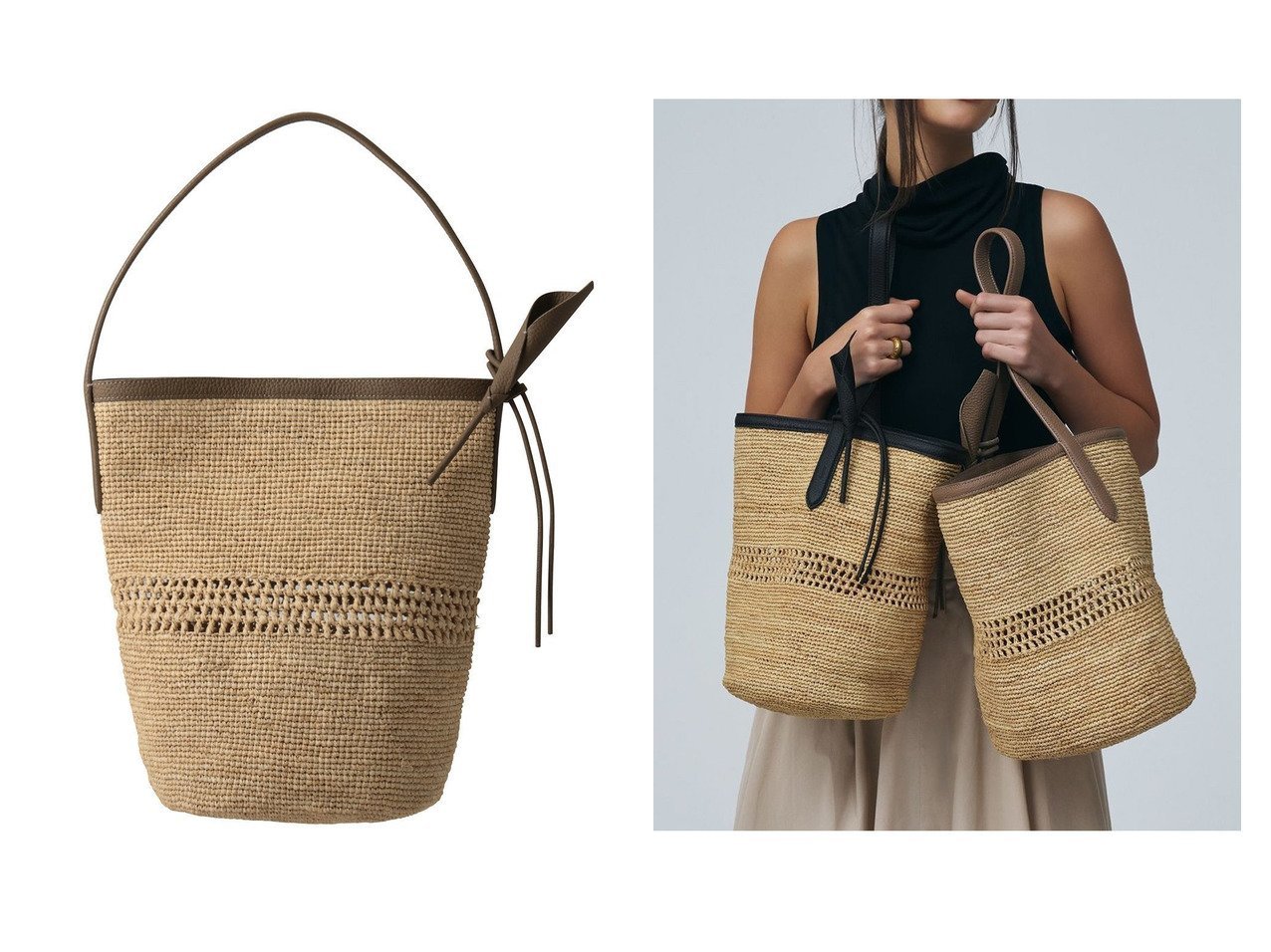 ラフィア素材とレザーの切り替えが映えるバケツバッグ VASIC(ヴァジック)の通販 おすすめ人気トレンドファッション通販アイテム インテリア・キッズ・メンズ・レディースファッション・服の通販 founy(ファニー) 　ファッション　Fashion　レディースファッション　Fashion for Women　バッグ　Bags　トリミング　Trimming, Decorative Edge　バケツ　Bucket, Bucket Style　フラワー　Flower, Floral　モチーフ　Motif, Design Theme　ラップ　Wrap, Wrap Design　ラフィア　Raffia, Natural Straw　リゾート　Resort, Vacation Style　夏　Summer　ブラック系　Black　|ID:crp329100000227990