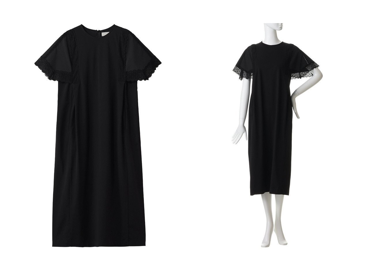 透かしレースとハンカチーフスリーブが映えるエレガントなワンピース マリリンムーン(MARILYN MOON)の通販 おすすめ人気トレンドファッション通販アイテム インテリア・キッズ・メンズ・レディースファッション・服の通販 founy(ファニー) 　ファッション　Fashion　レディースファッション　Fashion for Women　ワンピース　Dresses　チュニック　Tunic Tops & Dresses　エレガント 上品　Elegant　カットソー　Cut and Sewn Top　スリーブ　Sleeve, Long Sleeve / Short Sleeve　チュニック　Tunic, Long Top　ハンカチ　Handkerchief, Hanky　バランス　Balance, Style Balance　モダン　Modern, Contemporary　レース　Lace, Lace Fabric　ロング　Long, Long-Length　夏　Summer　新作・新入荷　New Arrivals / New In　透かし　Cut-Out, Lacework　ブラック系　Black　|ID:crp329100000228021