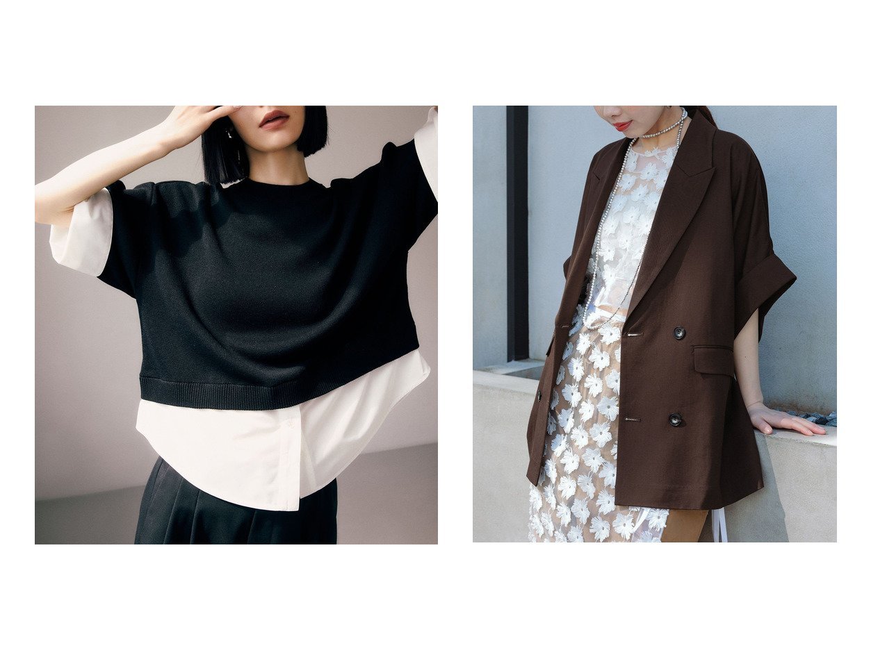 涼やかな着心地と洗練されたレイヤードが魅力のショートスリーブジャケットとコンビニット ADAM ET ROPE'(アダムエロペ)の通販 おすすめ人気トレンドファッション通販アイテム インテリア・キッズ・メンズ・レディースファッション・服の通販 founy(ファニー) 　ファッション　Fashion　レディースファッション　Fashion for Women　トップス・カットソー　Cut & Sew Tops　ニット　Knit Tops & Sweaters　シャツ・ブラウス・オフィスカジュアル　Elegant Blouses & Button-Ups　カジュアルプルオーバー・ニットトップス　Pullovers & Knit Tops / Casual Pullovers　アウター　Coat / Outerwear Collection　レディースジャケット・軽アウター　Jackets　スラックス　Slacks, Dress Pants　タイプライター　Typewriter Fabric, Crisp Cotton　トレンド　Trend, Trending Now　フォルム　Silhouette, Form　ボトム　Bottoms, Lower Wear　半袖　Short Sleeve, Half Sleeve　モノトーン　Monotone, Black and White　ワイド　Wide, Wide Fit　おすすめ　Recommended / Our Picks　2026年　2026　2026春夏・S/S　Spring/Summer 2026 SS26　ブラック系　Black　ブラウン系　Brown　グレー系　Gray　|ID:crp329100000228043