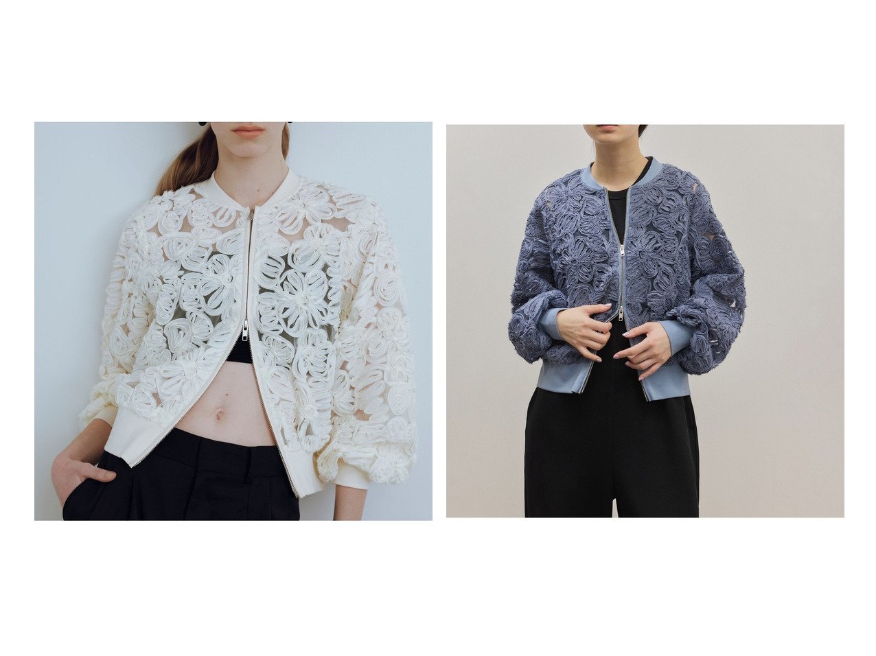 繊細なフラワーレースが映える軽やかなシアーブルゾン ADAM ET ROPE'(アダムエロペ)の通販 おすすめ人気トレンドファッション通販アイテム インテリア・キッズ・メンズ・レディースファッション・服の通販 founy(ファニー) 　ファッション　Fashion　レディースファッション　Fashion for Women　アウター　Coat / Outerwear Collection　ブルゾンジャケット・スポーティアウター　Blouson Jackets　春　Spring　ギャザー　Gathered, Ruffled　シアー　Sheer, See-Through　ダブル　Double, Double-Breasted　デニム　Denim, Jeans Material　フェミニン　Feminine, Girly　フォルム　Silhouette, Form　フラワー　Flower, Floral　フロント　Front, Front Design　ブルゾン　Blouson, Bomber Jacket　ベーシック　Basic, Essential　ボトム　Bottoms, Lower Wear　ポケット　Pocket, Pocket Detail　メッシュ　Mesh, Net Fabric　モチーフ　Motif, Design Theme　S/S・春夏　SS, Spring/Summer, Warm Season　夏　Summer　2026年　2026　2026春夏・S/S　Spring/Summer 2026 SS26　ブラック系　Black　グレー系　Gray　ブルー系　Blue　|ID:crp329100000228044