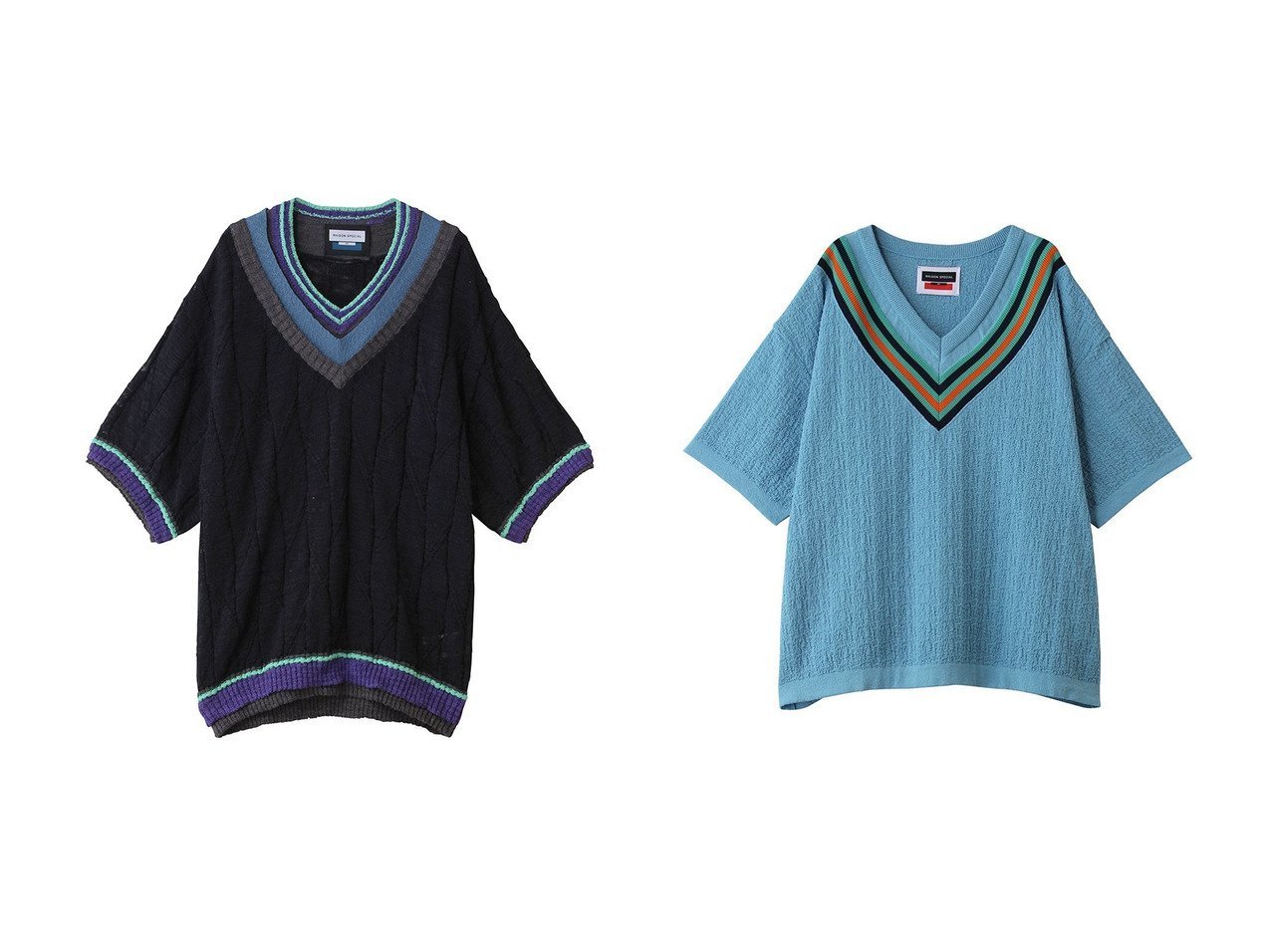 表情豊かな編み地と配色ラインが春夏に映えるチルデンニット MAISON SPECIAL(メゾンスペシャル) KEY ITEMS | 大人のトレンド・ルック インテリア・キッズ・メンズ・レディースファッション・服の通販 founy(ファニー) 　ファッション　Fashion　レディースファッション　Fashion for Women　トップス・カットソー　Cut & Sew Tops　ニット　Knit Tops & Sweaters　カジュアルプルオーバー・ニットトップス　Pullovers & Knit Tops / Casual Pullovers　Vネックトップス　V-Neck Tops / V-Cut Neckline Shirts　ユニセックス　Unisex, Genderless　夏　Summer　新作・新入荷　New Arrivals / New In　春　Spring　S/S・春夏　SS, Spring/Summer, Warm Season　ブルー系　Blue　|ID:crp329100000228194