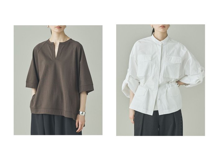 洗練されたボクシーシルエットとミリタリーの風合いが魅力のキーネックTシャツとブラウスブルゾン Curensology(カレンソロジー) KEY ITEMS | 大人のトレンド・ルック 大人の最旬トレンドファッション＆コーディネート founy(ファウニー) ファッション Fashion レディースファッション Fashion for Women トップス・カットソー Cut & Sew Tops シャツ・ブラウス・オフィスカジュアル Elegant Blouses & Button-Ups ロングTシャツ・Tシャツ Longline T-Shirts & Tees カットソー・ベーシックTシャツ Cut-and-Sewn Tops / Stretch Tees & Basics アクセサリー Fashion Accessories ショート Short, Short Length スリーブ Sleeve, Long Sleeve / Short Sleeve バングル Bangle, Bracelet ボトム Bottoms, Lower Wear ワイド Wide, Wide Fit 新作・新入荷 New Arrivals / New In |ID:crp329100000228203