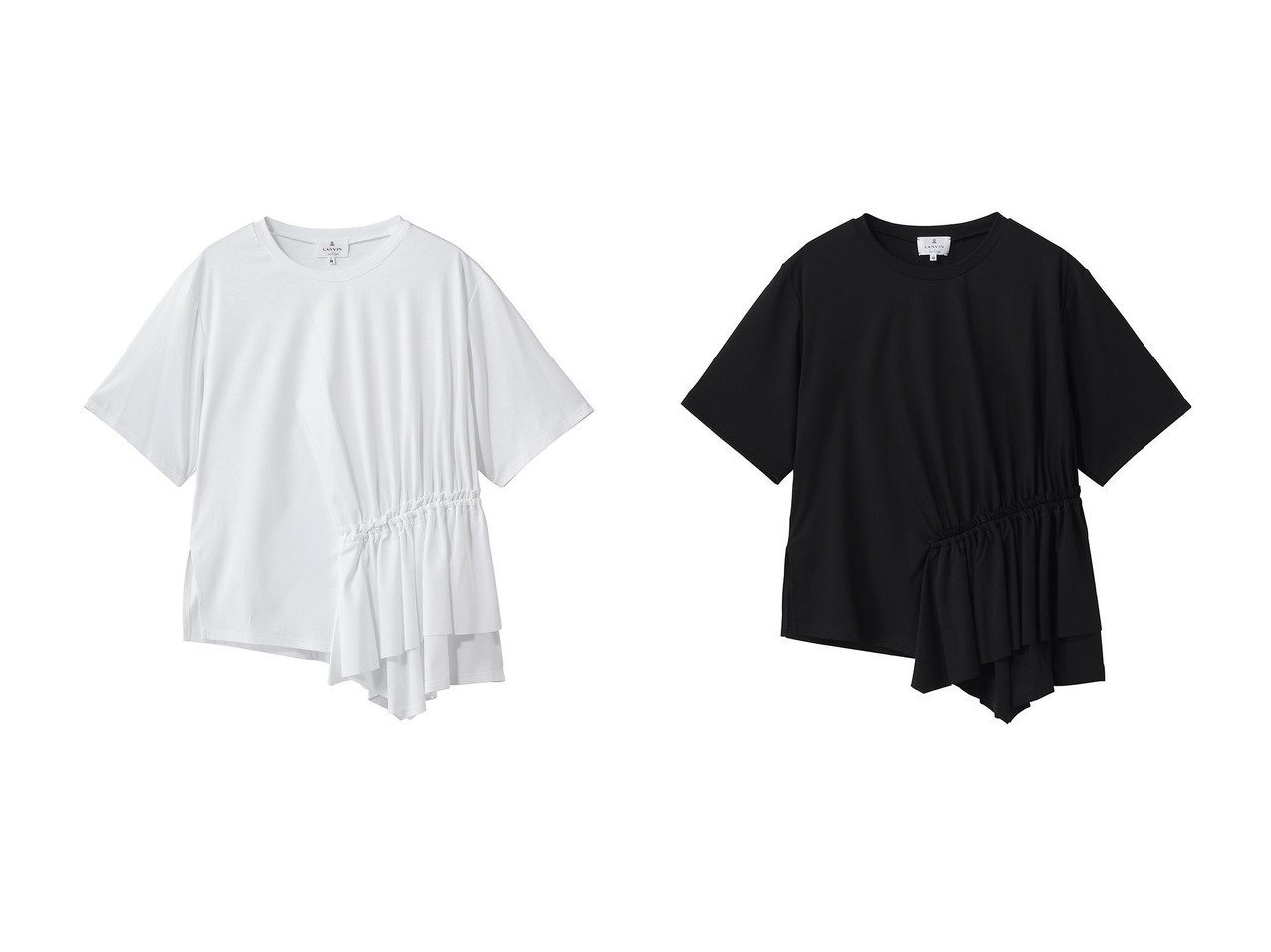 遊び心溢れるサイドギャザーフリルカットソー LANVIN en Bleu(ランバン オン ブルー) KEY ITEMS | 大人のトレンド・ルック インテリア・キッズ・メンズ・レディースファッション・服の通販 founy(ファニー) 　ファッション　Fashion　レディースファッション　Fashion for Women　トップス・カットソー　Cut & Sew Tops　シャツ・ブラウス・オフィスカジュアル　Elegant Blouses & Button-Ups　ロングTシャツ・Tシャツ　Longline T-Shirts & Tees　カットソー・ベーシックTシャツ　Cut-and-Sewn Tops / Stretch Tees & Basics　イレギュラー　Irregular Design　ギャザー　Gathered, Ruffled　ショート　Short, Short Length　ジャケット　Jacket, Outerwear　スリーブ　Sleeve, Long Sleeve / Short Sleeve　フリル　Frill, Ruffle　フレア　Flare, Flared　新作・新入荷　New Arrivals / New In　ブラック系　Black　|ID:crp329100000228244