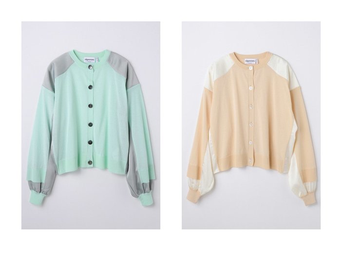 異素材のコントラストが映えるtwo-tone cardigan nagonstans(ナゴンスタンス) KEY ITEMS | 大人のトレンド・ルック 大人の最旬トレンドファッション＆コーディネート founy(ファウニー) 　ファッション　Fashion　レディースファッション　Fashion for Women　トップス・カットソー　Cut & Sew Tops　ニット　Knit Tops & Sweaters　カーディガン・羽織り　Layered Style Cardigans　カジュアルプルオーバー・ニットトップス　Pullovers & Knit Tops / Casual Pullovers　カーディガン　Cardigan, Knitwear　サテン　Satin, Glossy Fabric　ミックス　Mix, Mixed Style　リネン　Linen, Linen Fabric　新作・新入荷　New Arrivals / New In　|ID:crp329100000228252