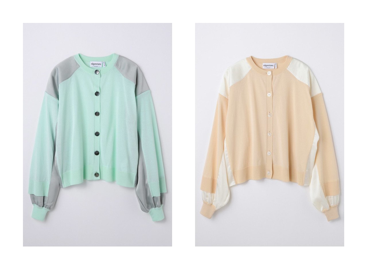 異素材のコントラストが映えるtwo-tone cardigan nagonstans(ナゴンスタンス) KEY ITEMS | 大人のトレンド・ルック インテリア・キッズ・メンズ・レディースファッション・服の通販 founy(ファニー) 　ファッション　Fashion　レディースファッション　Fashion for Women　トップス・カットソー　Cut & Sew Tops　ニット　Knit Tops & Sweaters　カーディガン・羽織り　Layered Style Cardigans　カジュアルプルオーバー・ニットトップス　Pullovers & Knit Tops / Casual Pullovers　カーディガン　Cardigan, Knitwear　サテン　Satin, Glossy Fabric　ミックス　Mix, Mixed Style　リネン　Linen, Linen Fabric　新作・新入荷　New Arrivals / New In　|ID:crp329100000228252