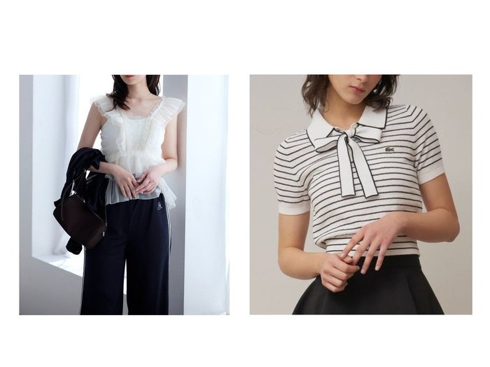 美しさと実用性を宿したSNIDEL(スナイデル)の洗練チュールブラウスとLACOSTEコラボレーションポロニット KEY ITEMS | 大人のトレンド・ルック 大人の最旬トレンドファッション＆コーディネート founy(ファウニー) 　ファッション　Fashion　レディースファッション　Fashion for Women　トップス・カットソー　Cut & Sew Tops　ニット　Knit Tops & Sweaters　カジュアルプルオーバー・ニットトップス　Pullovers & Knit Tops / Casual Pullovers　シャツ・ブラウス・オフィスカジュアル　Elegant Blouses & Button-Ups　イエロー　Yellow　コンパクト　Compact, Small Size　鹿の子　Piqué, Kanoko Fabric　シンプル　Simple, Minimal　ストレート　Straight, Straight Cut　スマート　Smart, Elegant　デニム　Denim, Jeans Material　バランス　Balance, Style Balance　ボトム　Bottoms, Lower Wear　ボーダー　Border, Stripe　リボン　Ribbon, Bow　おすすめ　Recommended / Our Picks　エレガント 上品　Elegant　インナー　Innerwear　ウェーブ　Wavy Pattern　キャミソール　Camisole, Spaghetti Strap Top　シアー　Sheer, See-Through　シャーリング　Shirring, Ruched　チュール　Tulip, Tulip Motif　フィット　Fit, Slim Fit　フェミニン　Feminine, Girly　フリル　Frill, Ruffle　プリーツ　Pleats, Pleated　ペプラム　Peplum, Flared Hem　|ID:crp329100000228605